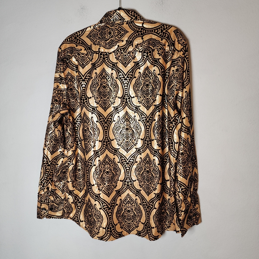 American Breed Gold Metallic Black Velvet Damask Long Sleeve‎ Button Up Shirt XL